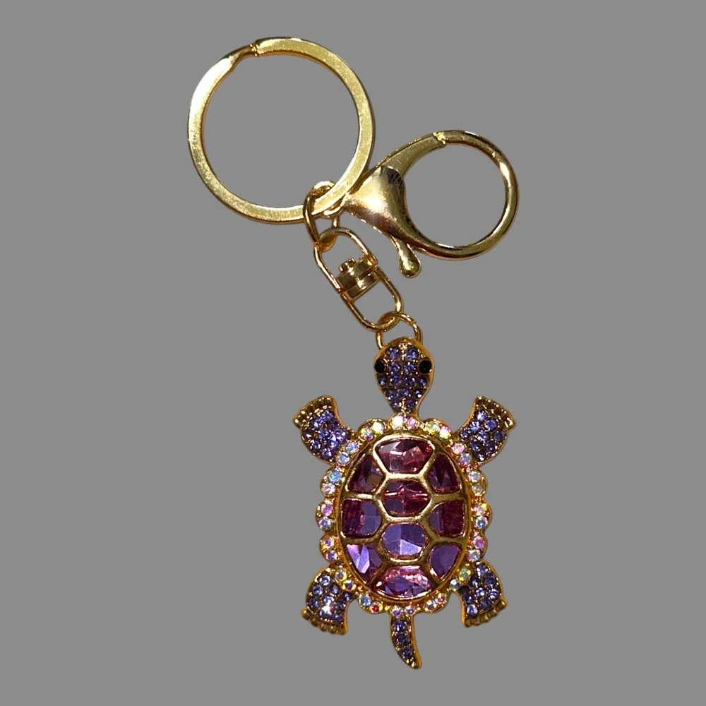 New Amethyst Purple Rhinestone Gold Tone Turtle Keychain Bag Charm